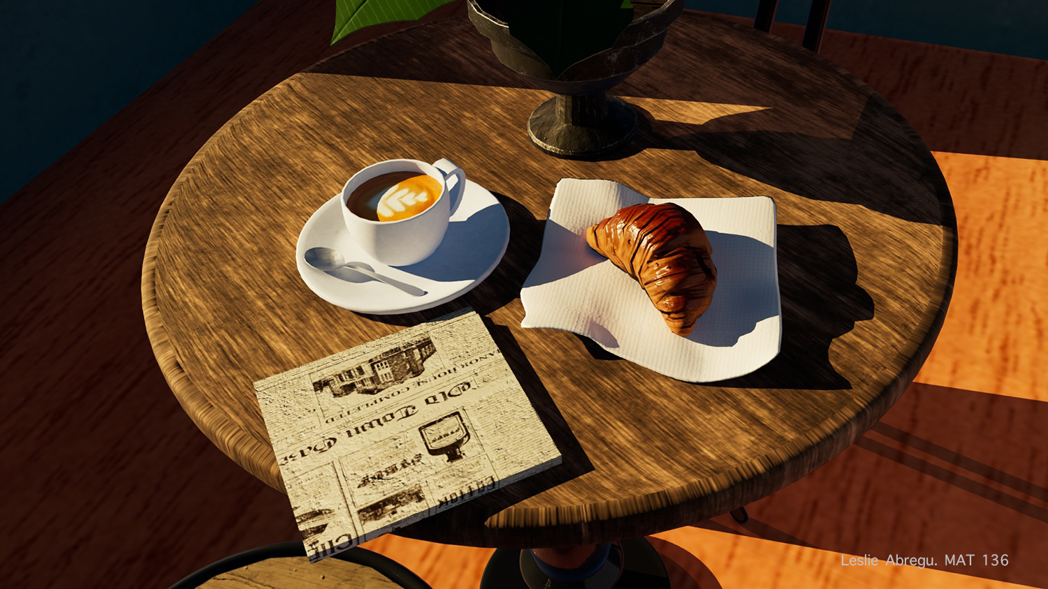 Still Life 1 by Leslie Abregu - finished model of a coffee table with a cup of coffee and croissant and house plant
